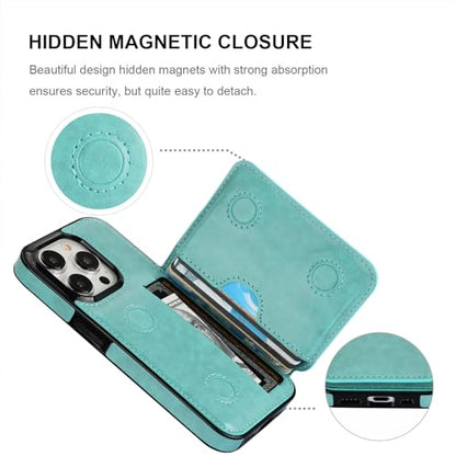 KIHUWEY Compatible with iPhone 15 Pro Wallet Case Credit Card Holder, Premium Leather Kickstand Flip Hidden Magnetic Clasp Durable Shockproof Protective Cover for iPhone 15 Pro 6.1 inch (Mint Green) - color: Mint Green