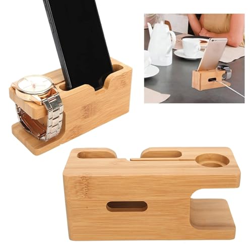 Pssopp Bamboo Charging Station, Wooden Charging Station Desktop Docking Station Organizer for Cellphone Smart Watch Tablet Charging Cables