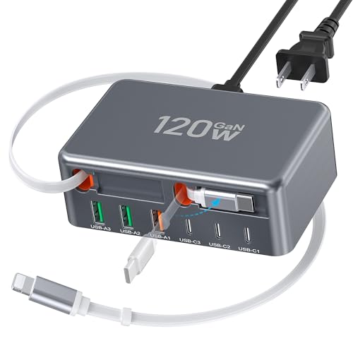 2026 Updated USB-C Fast Charging Station, 120W GaN 8-Port Retractable Charger Adapter, Includes 2.3ft Lightning+Type-C Dual Cable, Wall Charger Block Plug Cube for iPhone 17/16/15,iPad,Pixel, Galaxy