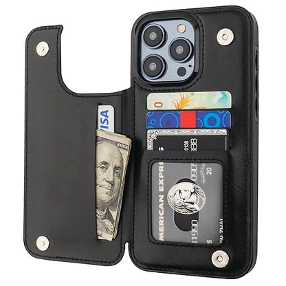 ONETOP for iPhone 15 Pro Max Wallet Case with Credit Card Holder,Black | Kickstand,ID/Cash Holder,Case Wallet with Card Slots,Double Magnetic Clasp,Durable PU Leather Shockproof Cover for Women Men - color: Black