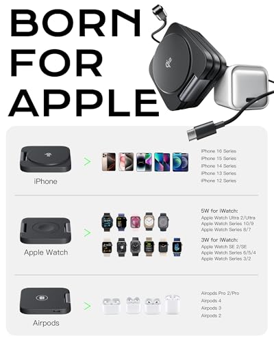 Qi2 Certified 3 in 1 Travel Charger MagSafe Compatible, Foldable Wireless Charger Stand, Mag-Safe 3 in 1 Charging Station,15W Fast Charging for iPhone 18/17/16/15/14/13/12, Apple Watch, AirPods