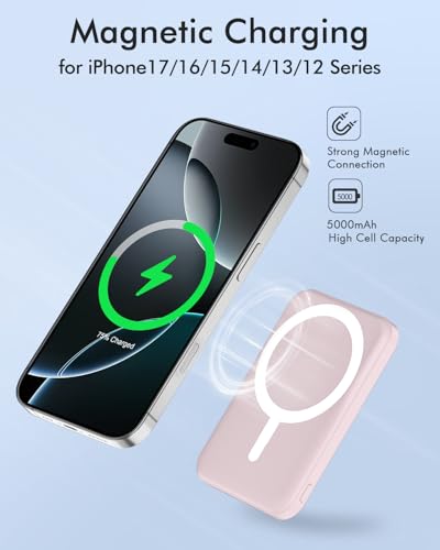 podoru for MagSafe Power Bank 5000mAh, Ultra-Slim Magnetic Portable Charger - color: Light Pink