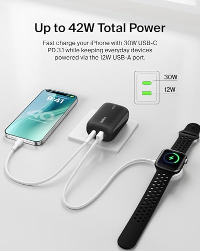 Belkin 42W Dual Port USB C and USB A Charger Block, Fast Charging - color: Black
