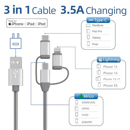 MFi Certified 3 in 1 Multi Charging Cable, 2Pack - size: 2 Pack,3.4ft