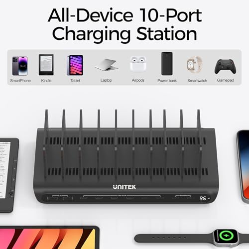 Unitek 10 Port 96W USB C Charging Station with 2X 65W PD, Fast Charger Dock - color: Black, size: 96W, Pack of 1