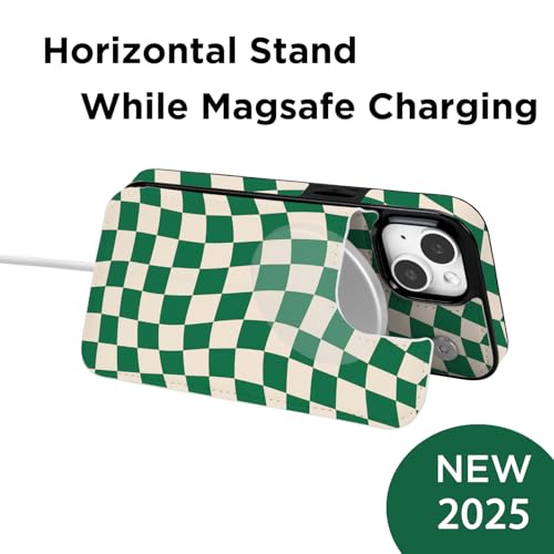uCOLOR for iPhone 13/14 Wallet Case Magsafe with Card Holder Slot | Compatible with MagSafe,Folio Flip PU Leather Magnetic RFID Design with Camera Lens Protector Green Checkered - color: Green Checkered
