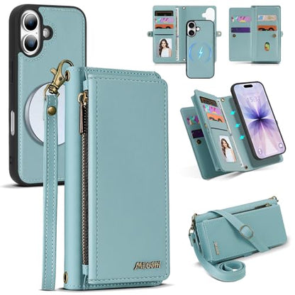 for iPhone 17 Wallet Case, Detachable Magnetic Phone Case,Faux Leather Strap Wallet,with RFID Blocking，Zipper Card Holder，Shoulder Straps (Blue) - color: Blue, size: iPhone 17