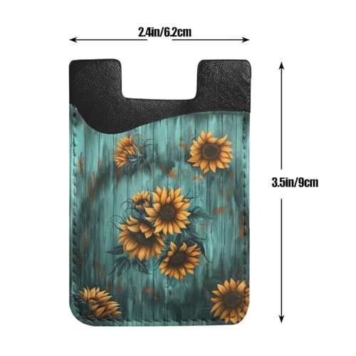 Sunflower Teal Board Wallet Phone Card Holder Wood Pattern Flower Phone Adhesive Card Holder PU Leather Slim Card Holder for Phone Wallet Stick on - color: Sunflower