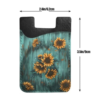 Sunflower Teal Board Wallet Phone Card Holder Wood Pattern Flower Phone Adhesive Card Holder PU Leather Slim Card Holder for Phone Wallet Stick on - color: Sunflower