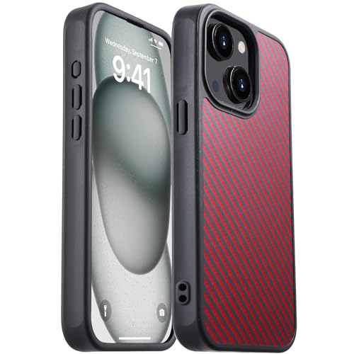 GESIHOPY Carbon Fiber for iPhone 13/14 Case Compatible with MagSafe,Slim & Light Case,Aramid Fiber with Military-Grade Drop Cover 13/14 Phone Case,Supports Wireless Charging, Black/Red(Twill) - color: Black/Red(Twill), size: iPhone 14