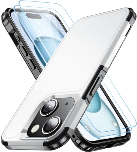 AEDILYS® for Apple Recommend Shockproof iPhone 15 Case,[15 FT Military Grade Drop Protection],with 2X [Kevlar® 9H Glass Screen Protector] (White) - color: White