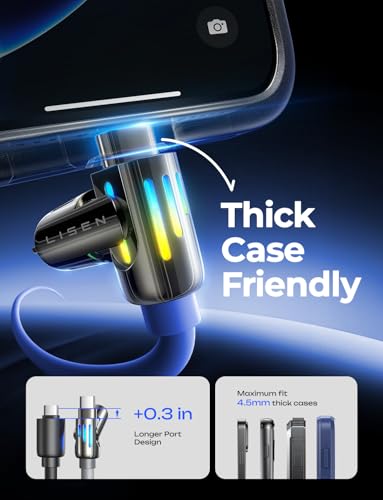 LISEN USB C to Lightning Cable, 240W 4 in 1 Charging Cable 6.6FT, Chubby USB A/C to C/Lightning with Light for iPhone Charger Fast Charging iPhone Air 17 16 15 14 Pro/MacBook/iPad, Dark Blue - color: Dark Blue, size: 6.6FT