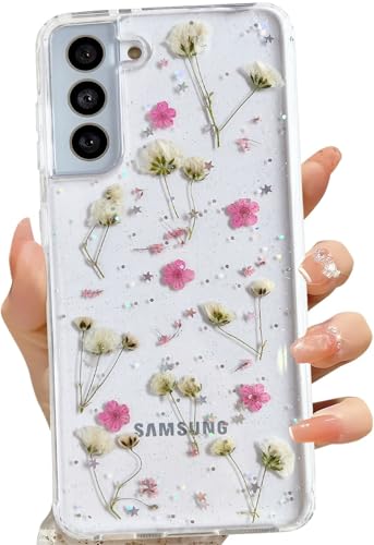 LSEEKA for Samsung Galaxy S21 Clear Case with Pressed Real Dried Pink Flower Design,Transparent Glitter Cute Floral Slim Soft TPU Protective Phone Cover for Samsung Galaxy S21 - color: Pink, size: for Samsung Galaxy S21