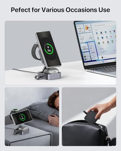 3 in 1 Charging Station for Samsung, Foldable Wireless Charger Station, Travel Magnetic Fast Charger Stand for Galaxy S26-S21/Z Fold/Flip Series, Galaxy Watch Ultra/8-5 & Galaxy Buds Pro/3/2 Series