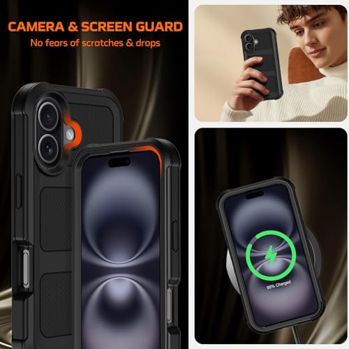 Wedall for iPhone 16 Plus Case with Belt Clip Holster,Anti-Drop Shockproof Bumper Phone Cases with 2X Screen Protectors & Kickstand,Rugged Heavy Duty Military Grade Protective Defender Cover (Black) - color: Black