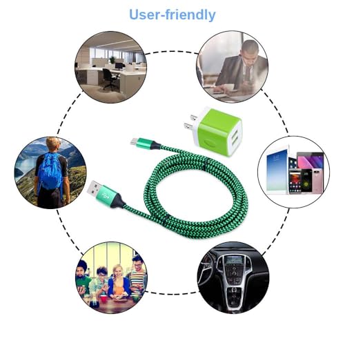 Wall Charger Plug Block Dual Port USB C Adapter with 2Pcs 6Ft Fast Charging - color: Green