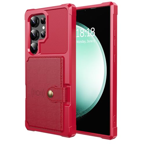 for Samsung Galaxy S24 Ultra Case with Card Holder, Compatible with Magnetic Car Mount, Heavy Duty Shockproof Rugged Soft TPU Back Leather Flip Wallet Cover 6.8 inch, Red | Compatible with Magnetic Car Mount, Shockproof Rugged Soft TPU Hard Back Leather W
