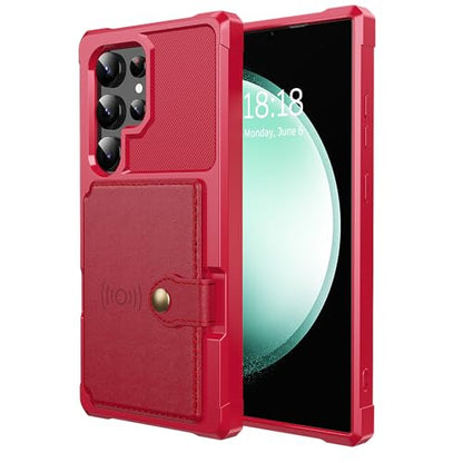 for Samsung Galaxy S24 Ultra Case with Card Holder, Compatible with Magnetic Car Mount, Heavy Duty Shockproof Rugged Soft TPU Back Leather Flip Wallet Cover 6.8 inch, Red | Compatible with Magnetic Car Mount, Shockproof Rugged Soft TPU Hard Back Leather W