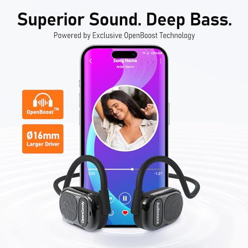 Audiovance OpenComfy CF201 Wireless Headphones for Running - Bluetooth Open-Ear Headphones for Sports Gym Workout - Superior Sound, Ultimate Comfor, Secure Fit, Ambient Awarenes. Black