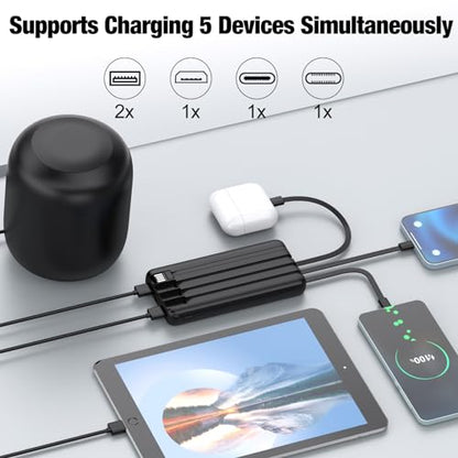 Portable Charger with Built in Cables,High Speed Power Bank 10000mAh Travel Battery Pack 5 Outputs 3 Inputs Portable Phone Charger Backup Battery for iPhone, Samsung, iPad,Tablets (Black) - color: Black