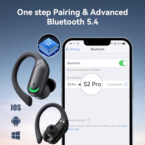 Wireless Earbuds 96H Bluetooth 5.4 Sport Headphones with Earhooks, Black