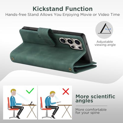 for Samsung Galaxy S24-Ultra-Wallet Case: with RFID Blocking Card Slots (6 Cards) | Soft PU Leather Magnetic Snap Zipper Pocket | Crossbody Wrist Strap Protective Phone Cover - Green - color: Green, size: Galaxy S24 Ultra（6.8‘’）
