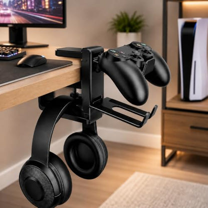 Rotating Headphone Stand with 360° Swivel - Adjustable Clamp-on Under Desk Headset Holder, Universal Gaming & Office Headphone Hanger - color: Black