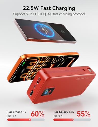 Portable Charger 20000mAh 22.5W w/Built-in Cable & Wall Plug Red - color: Ruby