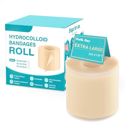 Upgraded 2in*16ft Hydrocolloid Roll for Wound Care, Hydrocolloid Patch Large Bandages with Self-Adhesive, Ultra Absorbent, Flexible, Waterproof, DIY Size, First Aid Kit Essential