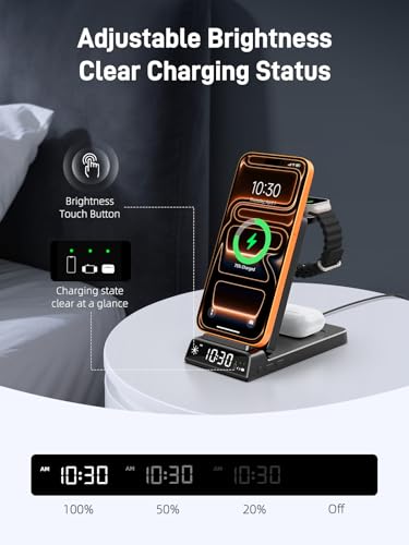 3 in 1 Charging Station for Apple,Travel Wireless Charger with Clock - color: Black