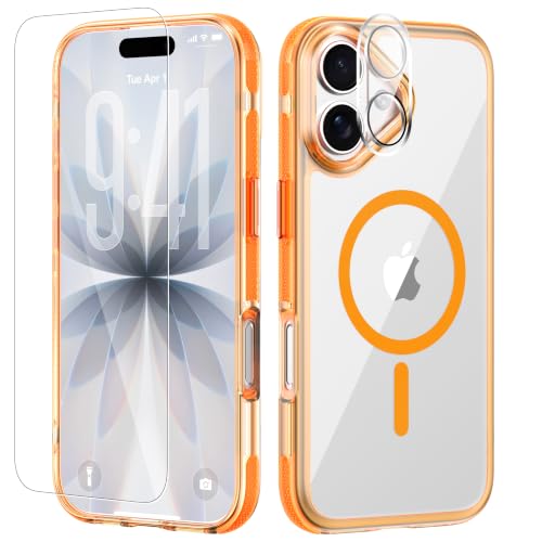 3 in 1 for iPhone 17 Case, N52 Magnetic Compatible with MagSafe, Non-Slip Matte Smoky Orange Bumper Clear Back, Anti-Scratch Slim Kit with Screen Protector & Camera Lens Cover - color: Frosted Edge Orange, size: iPhone 17