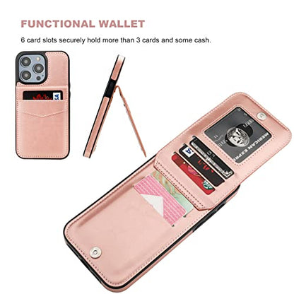 KIHUWEY for iPhone 14 Pro Max Wallet Case Card Holder Kickstand, Rose Gold | Credit Card Slots, PU Leather, Magnetic Clasp, Flip Heavy Duty Protection Cover for Men and Women - color: Rose Gold