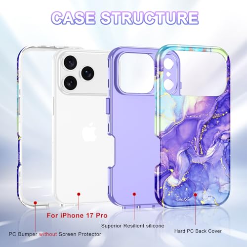 Btscase Compatible with iPhone 17 Pro Case 6.3 Inch 2025,Marble Pattern 3 in 1 Heavy Duty Shockproof Full Body Rugged Hard PC+Soft Silicone Drop Protective Women Girl Phone Cases, Cobalt Violet - color: Cobalt Violet, size: iPhone 17 Pro