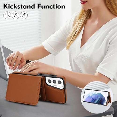 Phone Case for Samsung Galaxy S21 Plus S21+ 5G Wallet Cell Cover with Tempered Glass Screen Protector Wrist Crossbody Strap RFID Blocking Stand Card Holder S21+5G S21plus 21S + S 21 21+ G5 Women Brown - color: Brown