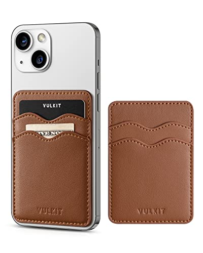 VULKIT Stick on Card Holder Compatible for iphone Leather Cell Phone Wallet Credit Card Case Strong Sticker for Women - color: Brown