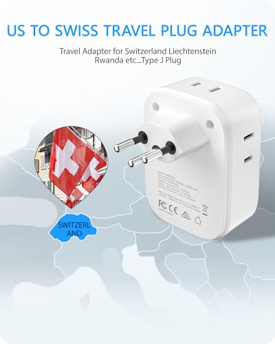LENCENT Switzerland Travel Plug Adapter, Swiss Power Adaptor with 4 Outlets - style: Type J-17.5W-Switzerland