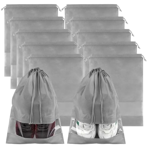 Grey Travel Shoe Bags - 10 Pcs Non-Woven Packing Bags with Clear Window | 15.7" x 11.8" Waterproof Dustproof Portable Travel Shoe Storage Bag for Men and Women - color: Grey, style: 10 Pack