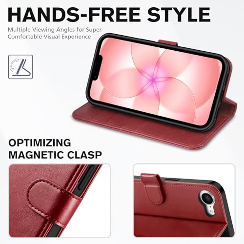 TUCCH Case Wallet with Wrist Strap for iPhone 17e 16e (6.1"), Dark Red | 4 Card Slots, RFID Blocking, Kickstand, Shockproof TPU Shell, PU Leather, Magnetic Closure, Folio Flip Cover - color: Strap - Dark Red
