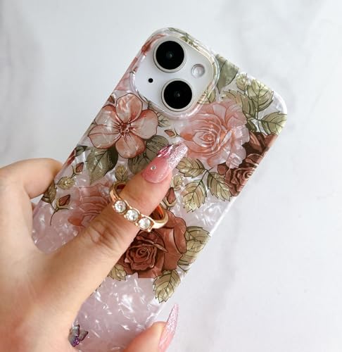 Qokey for iPhone 13/14 Case 6.1 inch,Flower Design Cute Clear for Women Girls with 360 Degree Rotating Ring Kickstand Soft TPU Shockproof Cover Brown Floral - color: Brown