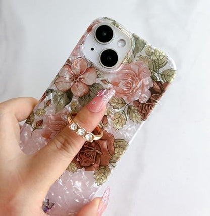 Qokey for iPhone 13/14 Case 6.1 inch,Flower Design Cute Clear for Women Girls with 360 Degree Rotating Ring Kickstand Soft TPU Shockproof Cover Brown Floral - color: Brown