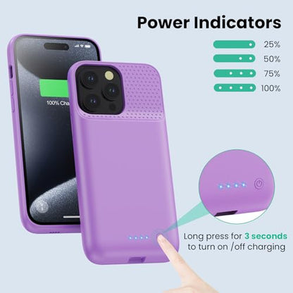 Battery Case for iPhone 15Pro Max, Upgrade 8600mah Portable Slim Battery Charging Case, 15W Fast Charging Rechargeable Protective Extended Charger Cover for iPhone 15 Pro Max (6.7 inch)-Purple - color: Purple