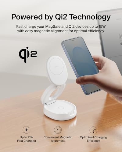 Belkin Qi2 15W Wireless Fast Charging Station, 2 in 1 iPhone Charger - color: White, style: 2 in 1