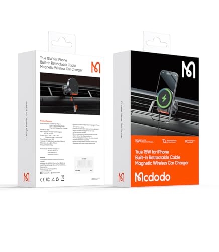 mcdodo 15W MagSafe Car Mount Charger [Built-in Type-C Retractable Cable] Magnetic Wireless Car Charger for Air Vent, Fits iPhone 16 15 Pro ProMax Plus, Galaxy and More
