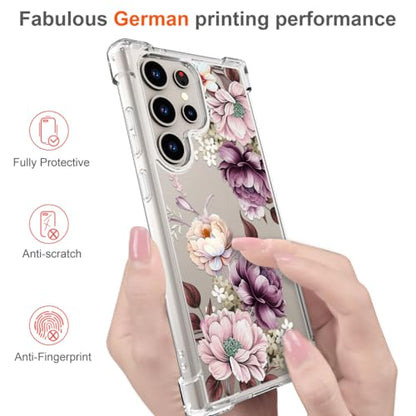 Hungo Galaxy S24 Ultra Case for Women Floral Flower Clear Design Cute,Girly Girls Flower Case Compatible with Samsung Galaxy S24 Ultra Pink Rose - color: Purple Roses