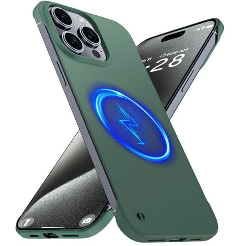 GRECAZO Magnetic Slim Frameless Case for iPhone 15 Pro Max, Dark Green | Compatible with MagSafe, Soft-Touch Matte Hard PC Cover, Ultra Thin Lightweight Minimalist, Pull Ring Lanyard, 6.7 Inch - color: Dark Green, size: iPhone 15 Pro Max