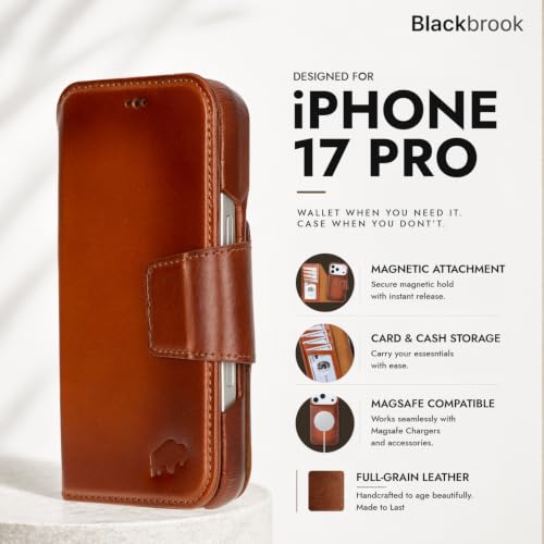 BLACKBROOK Detachable Leather Wallet Case Compatible with iPhone 17 Pro | Full-grain detachable folio with RFID blocking, 3 card slots, ID window, built-in kickstand, wireless charging, handcrafted. - color: Burnished Tan, size: iPhone 17 Pro