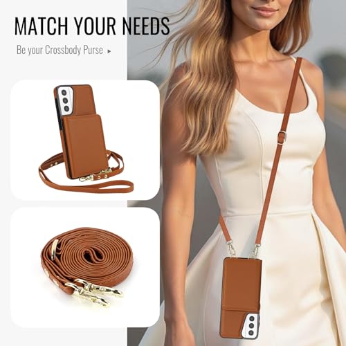Phone Case for Samsung Galaxy S21 Plus S21+ 5G Wallet Cell Cover with Tempered Glass Screen Protector Wrist Crossbody Strap RFID Blocking Stand Card Holder S21+5G S21plus 21S + S 21 21+ G5 Women Brown - color: Brown