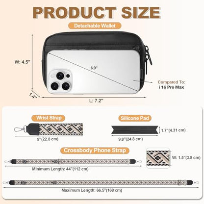 YFWE Clip and Go Strap for Phone with Wallet Crossbody, Adjustable Phone Lanyard with Detachable RFID Wristlet Wallet, Pattern Strap - Black (L) - color: Black-pattern Strap, size: Large