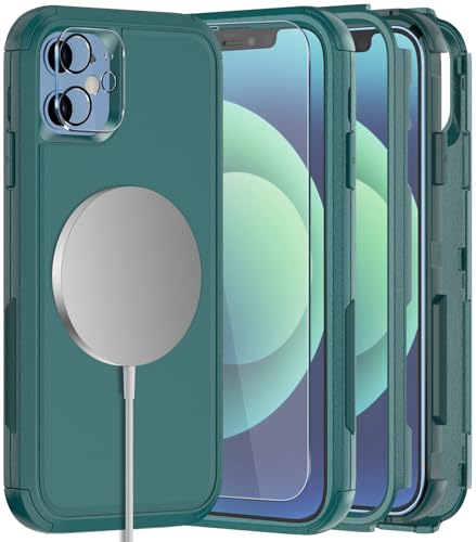 Diverbox for iPhone 12 case,iPhone 12 Magnetic case [with Screen Protector Camera Lens Protector ] 2 Pack [15 FT Military Grade Drop Protection] Heavy Duty Shockproof Phone Case (Dark Green) - color: Magnetic Dark Green