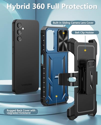FNTCASE for Samsung Galaxy A14-5G Case with Slide Camera Cover & Holster | Built in Kickstand, Military Grade Dropproof Protection, Heavy Duty Rugged Phone case, Outdoor Protection - color: Blue Navy